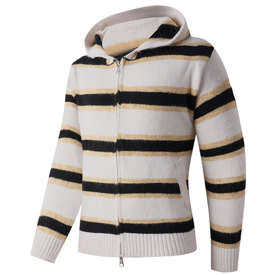 Herren Flauschige Kapuzen‑Strickjacke mit Doppelreißverschluss, Rippbündchen und horizontalem Streifenmuster Nord Taschen