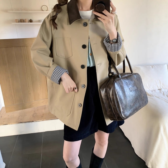 Damen Leichte Oversize-Übergangsjacke mit Kontrastkragen und kariertem Ärmelsaum Nord Taschen