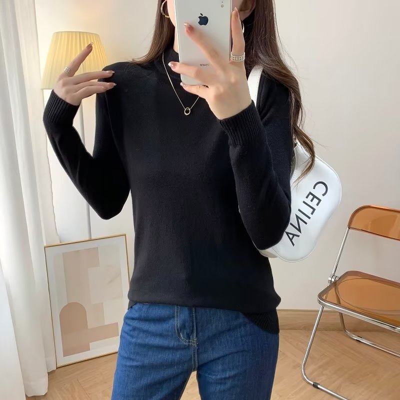 Damen Feiner Langarm-Feinstrickpullover mit schmalem Stehkragen und gerippten Bündchen Nord Taschen