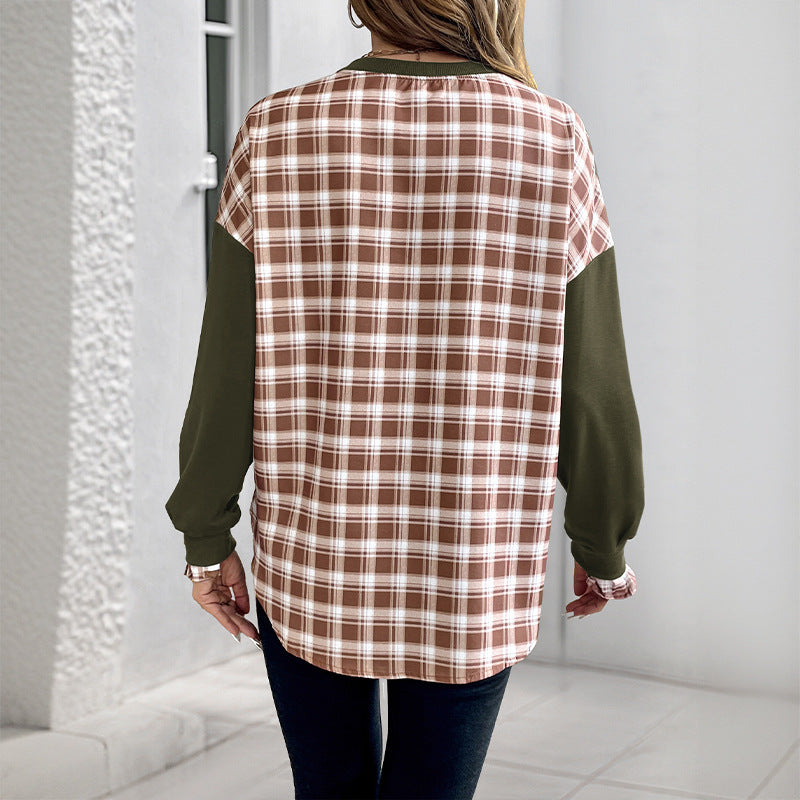 Damen Lässiges Rundhals-Sweatshirt mit Karomuster‑Einsätzen und gerafften Manschetten Nord Taschen