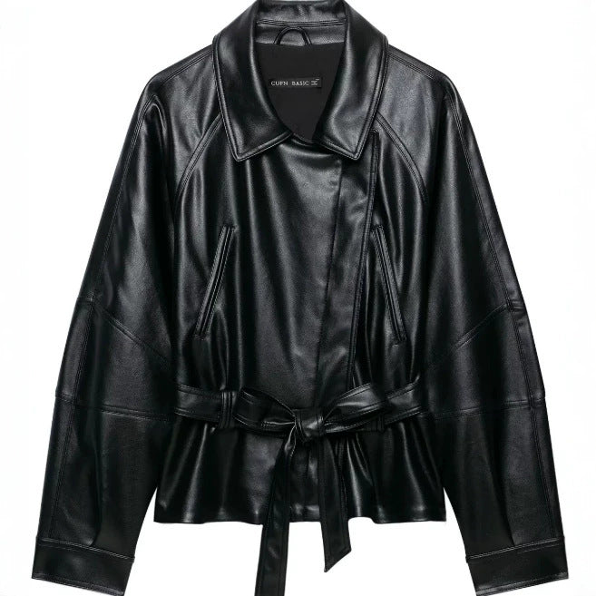 Damen Kurzjacke aus veganem Leder mit Taillengürtel und überschnittenen Schultern Nord Taschen