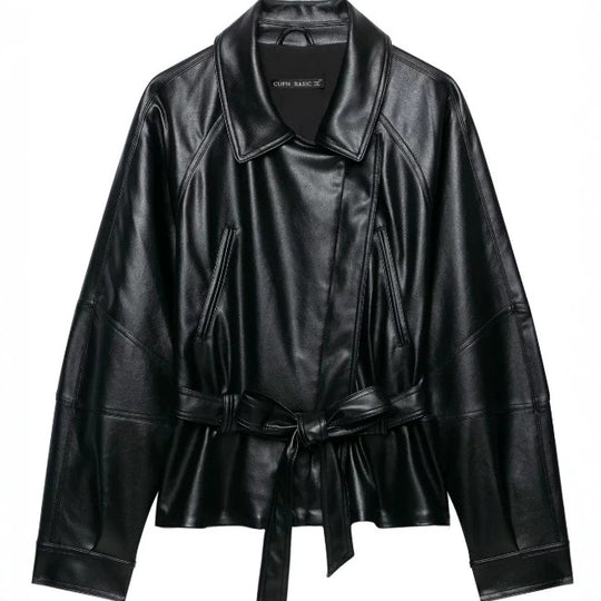 Damen Kurzjacke aus veganem Leder mit Taillengürtel und überschnittenen Schultern Nord Taschen