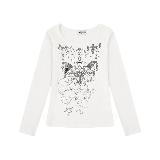 Damen Langarmshirt mit Rundhalsausschnitt, Strass-Print und Engelsmotiv Nord Taschen