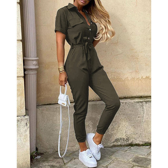 Damen Kurzarm-Utility-Overall mit Taillenbindegürtel und schmalem Joggerbein Nord Taschen