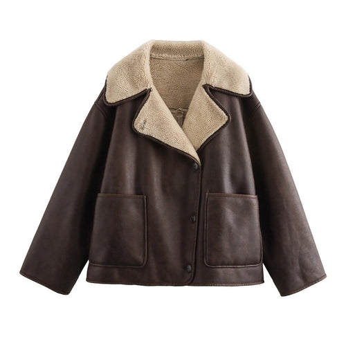 Damen Kurzjacke im Aviator‑Look aus Lederoptik mit Teddyfutter und aufgesetzten Taschen Nord Taschen