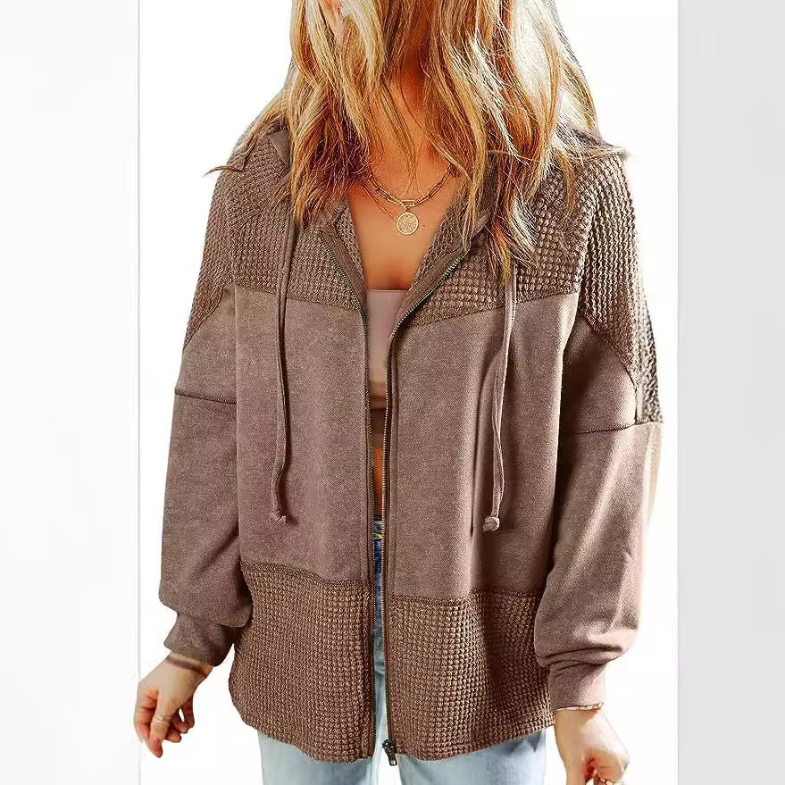 Damen Lässige Oversize-Kapuzenjacke mit Strukturstrick-Einsätzen und Reißverschluss Nord Taschen