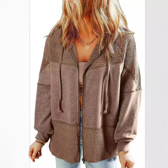 Damen Lässige Oversize-Kapuzenjacke mit Strukturstrick-Einsätzen und Reißverschluss Nord Taschen