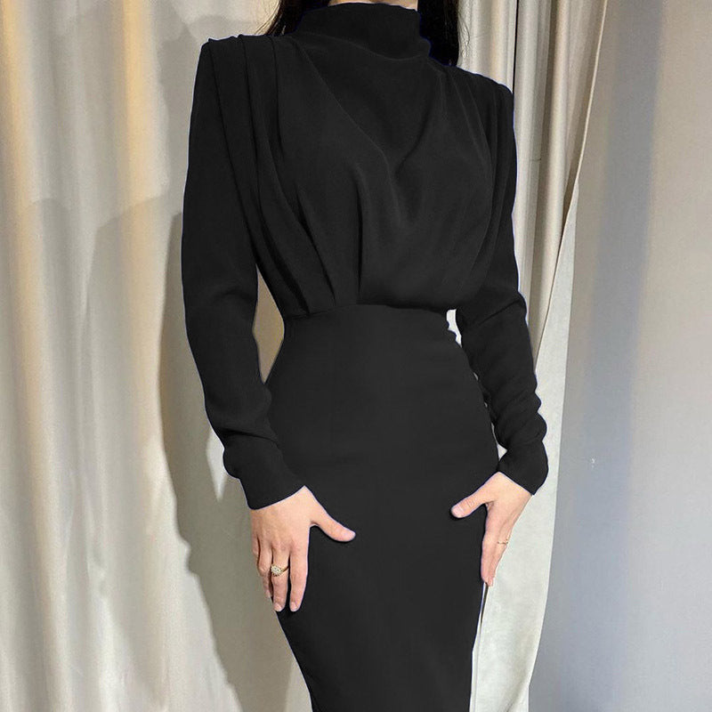 Damen Elegantes Midikleid mit Drapierter Vorderpartie, Hohem Kragen und Tailliertem Bleistiftschnitt Nord Taschen