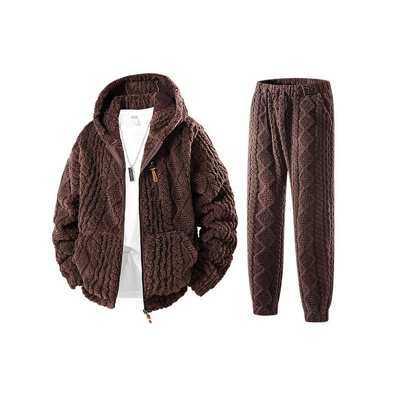 Herren Kuscheliges Sherpa-Fleece Set mit Kapuzenjacke und Strick‑Optik Jogginghose Nord Taschen