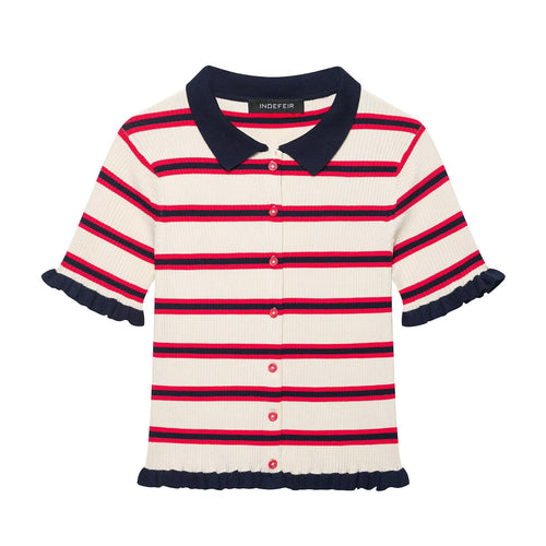 Damen Kurzärmelige Feinstrick-Cardigan mit Polokragen und Volantbündchen Nord Taschen