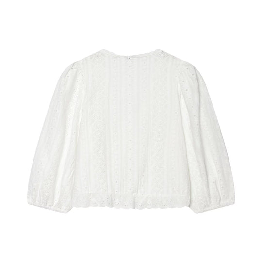Damen Baumwoll-Spitzen-Cardigan mit V‑Ausschnitt, Knopfleiste und Ballonärmeln Nord Taschen