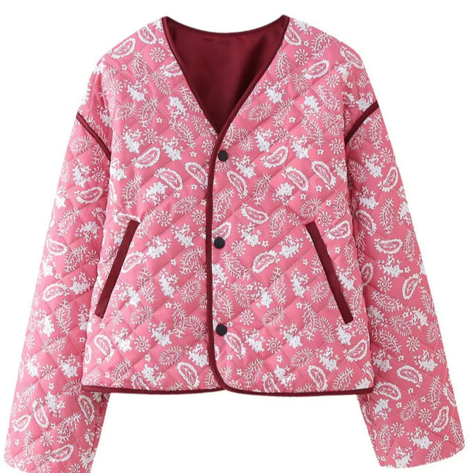 Damen Gesteppte kurz geschnittene Steppjacke mit V‑Ausschnitt und floraler Paisley‑Optik Nord Taschen