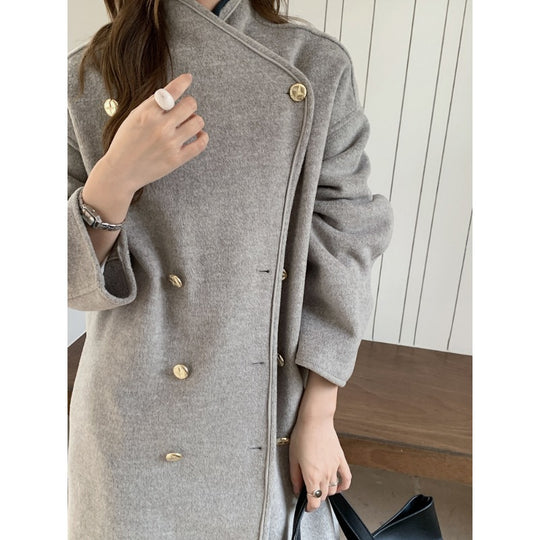 Damen Oversize Wollmix-Mantel mit doppelreihiger Knopfleiste, Stehkragen und überschnittener Schulter Nord Taschen