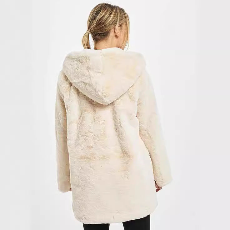 Damen Midilanger Kunstpelzmantel mit Kapuze, Teddy-Finish und verdeckter Knopfleiste Nord Taschen