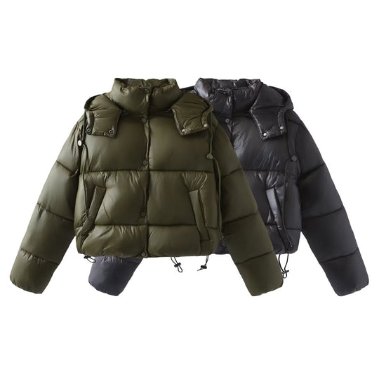 Damen Glänzende Cropped Pufferjacke mit Kordelzug und Druckknopfblende Nord Taschen