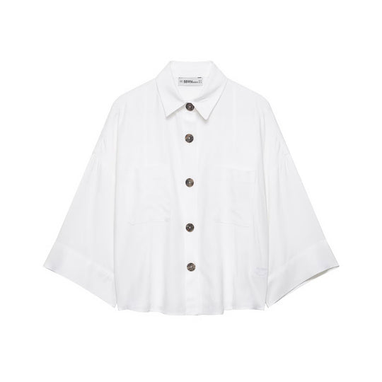 Damen Cropped Oversize‑Hemdjacke mit Kimonoärmeln und Dekoknöpfen Nord Taschen