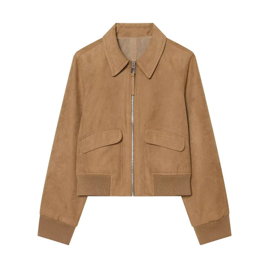 Damen Kurzer Veloursleder‑Blouson im Boxy‑Schnitt mit Hemdkragen, Klappentaschen und breitem Rippbund Nord Taschen