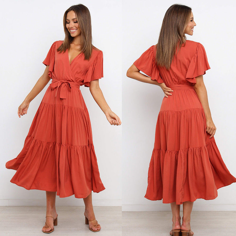 Damen Maxikleid mit tiefem V-Ausschnitt und schwingenden Ärmeln