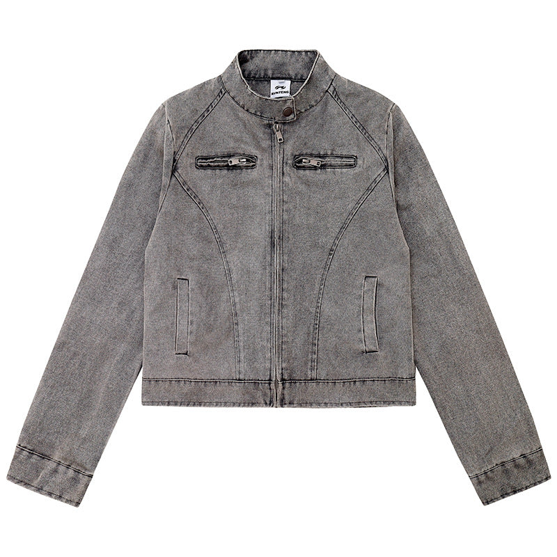 Damen kurze Bikerjacke aus Vintage‑Lederoptik mit Stehkragen und Brustzipper Nord Taschen