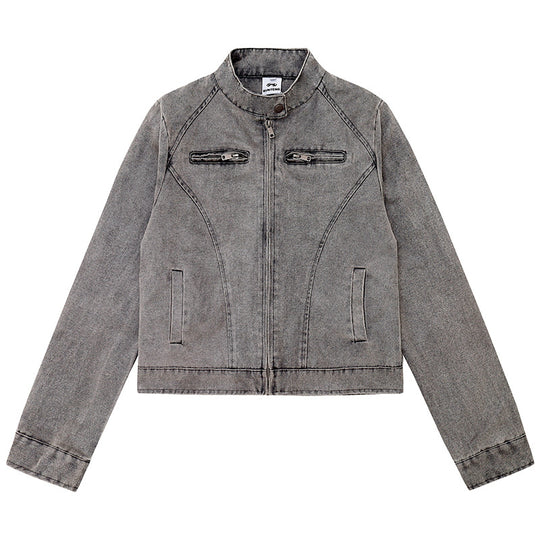 Damen kurze Bikerjacke aus Vintage‑Lederoptik mit Stehkragen und Brustzipper Nord Taschen