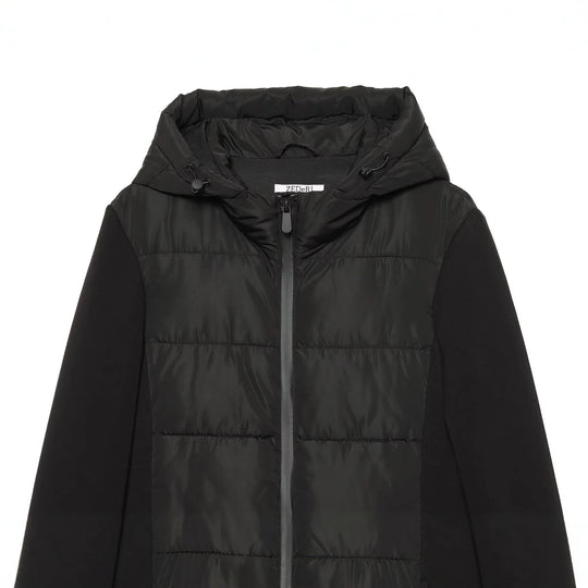 Damen Kurzjacke im Materialmix mit gesteppter Front, Kapuze und taillierendem Tunnelzug Nord Taschen