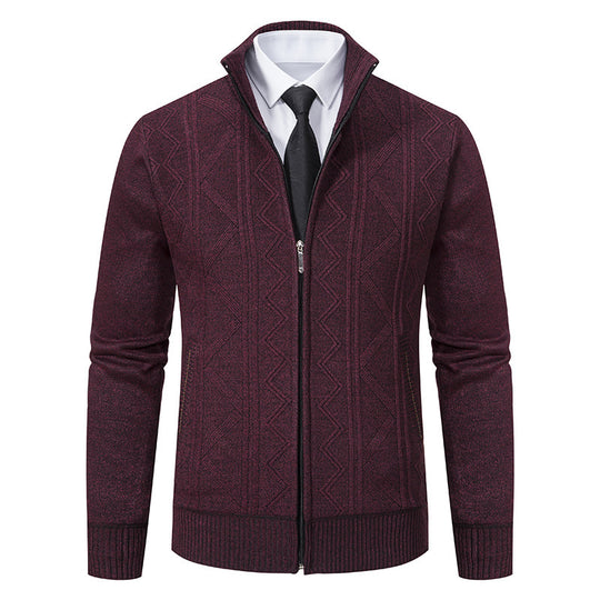 Herren Strukturiertes Feinstrick-Zipcardigan mit Stehkragen und geometrischem Zopfmuster Nord Taschen
