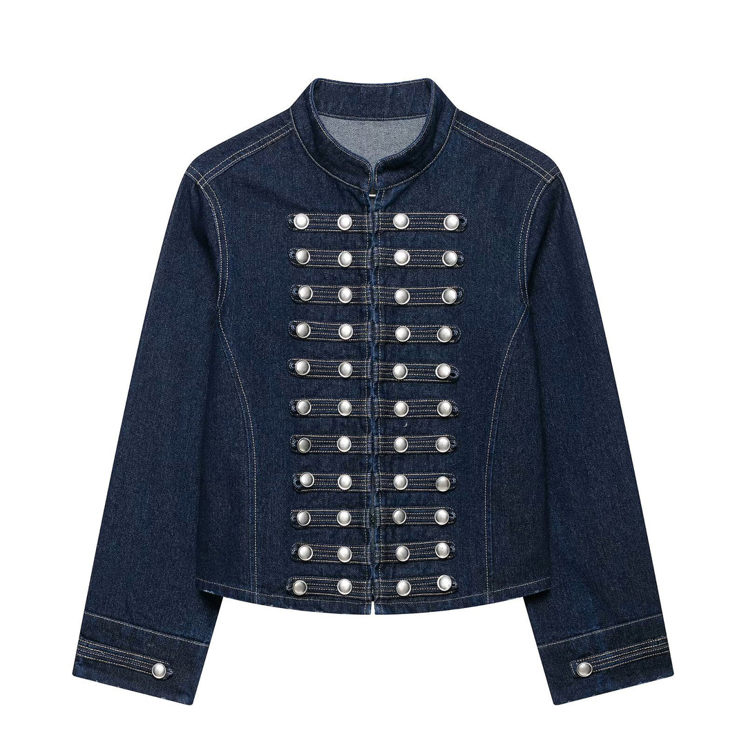 Damen Taillierte Denim‑Blazerjacke im militärisch inspirierten Marschallstil mit Zierknopfleiste Nord Taschen