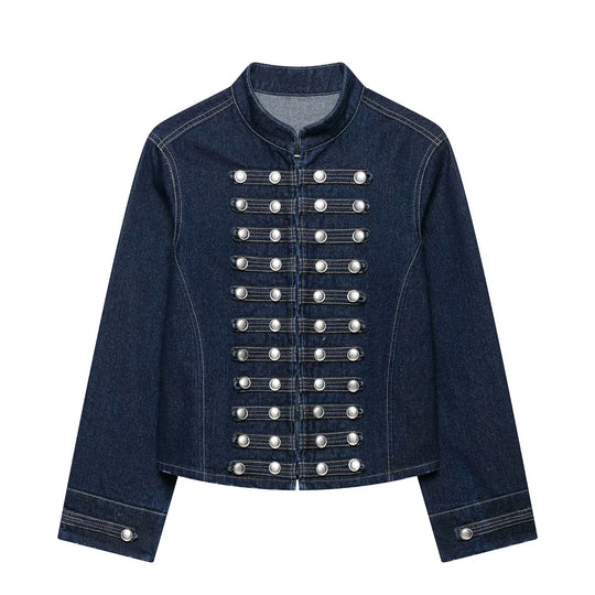 Damen Taillierte Denim‑Blazerjacke im militärisch inspirierten Marschallstil mit Zierknopfleiste Nord Taschen