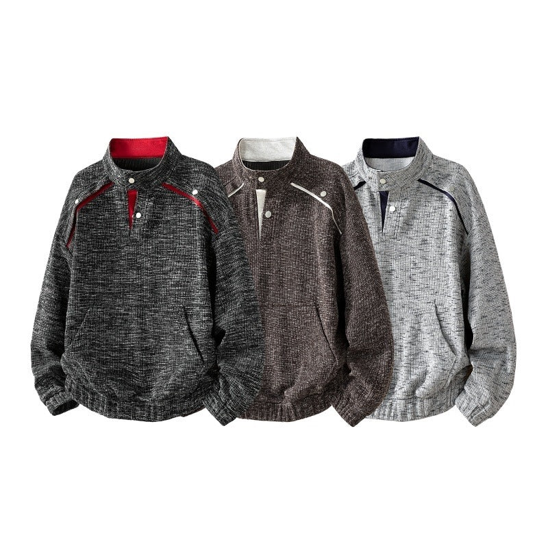 Herren Oversize Struktur-Halbzip-Strickpullover mit Stehkragen, Druckknopfblende & Kängurutasche Nord Taschen