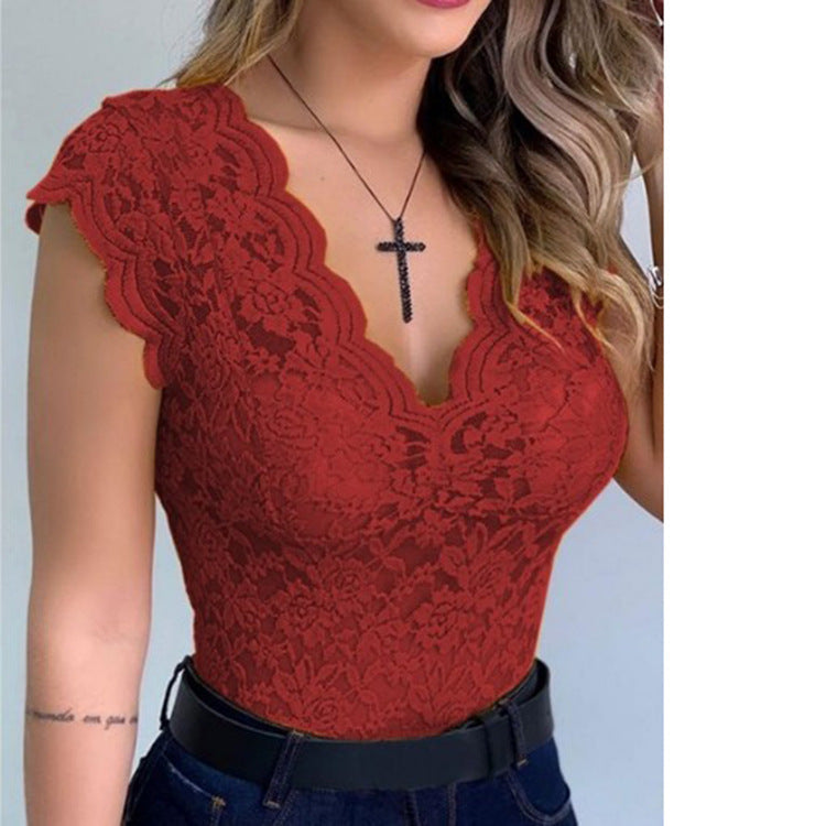 Damen Spitzenbodysuit mit tiefem V-Ausschnitt und Rüschenärmeln