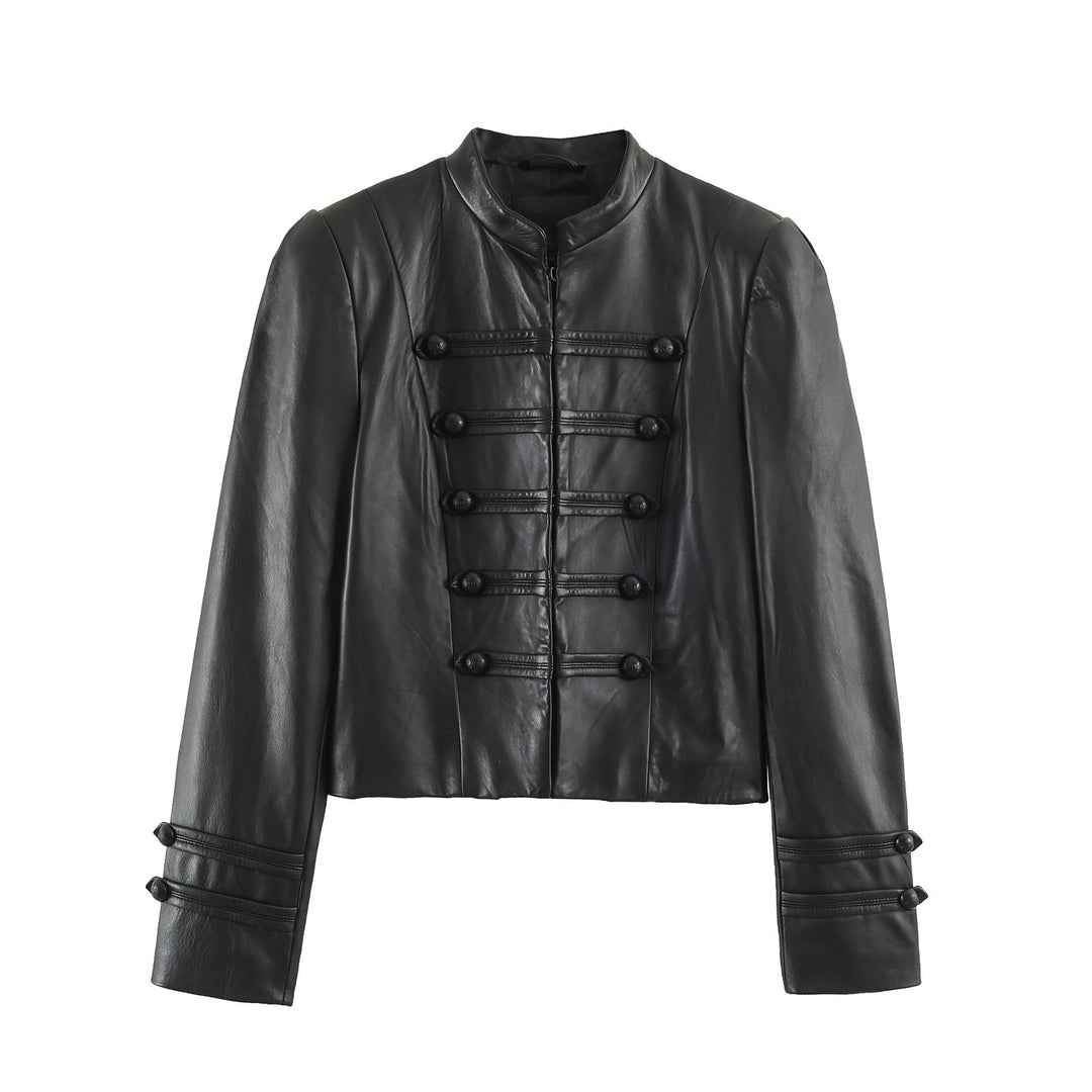 Damen Kurze Lederoptik‑Jacke im Military‑Look mit Stehkragen und Zierknopfleiste Nord Taschen