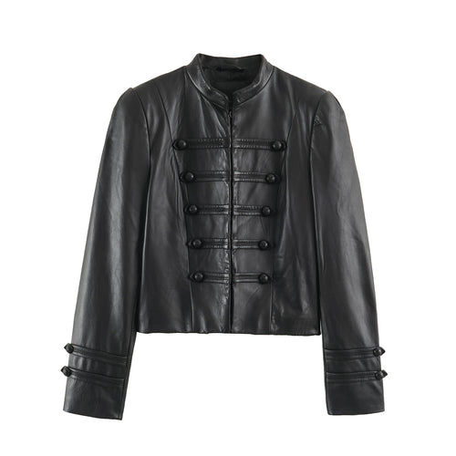 Damen Kurze Lederoptik‑Jacke im Military‑Look mit Stehkragen und Zierknopfleiste Nord Taschen