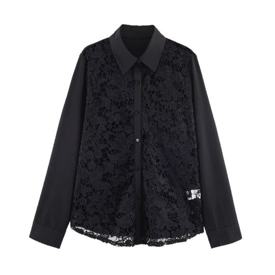 Damen Spitzenbluse mit floraler Spitze vorn, Satinärmeln und klassischem Hemdkragen Nord Taschen