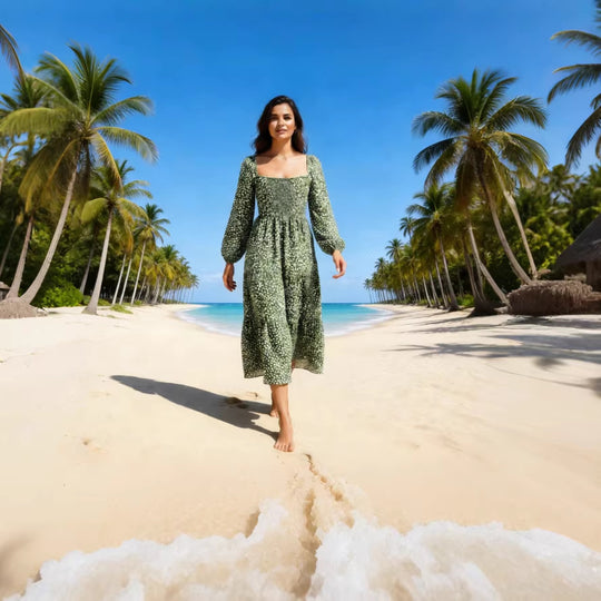 Damen Midikleid mit quadratischem Ausschnitt, gerafftem Rückenteil und Stufenrock Nord Taschen