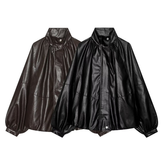 Damen Glänzender Cropped Blouson aus Kunstleder mit hohem Stehkragen und voluminösen Ballonärmeln Nord Taschen