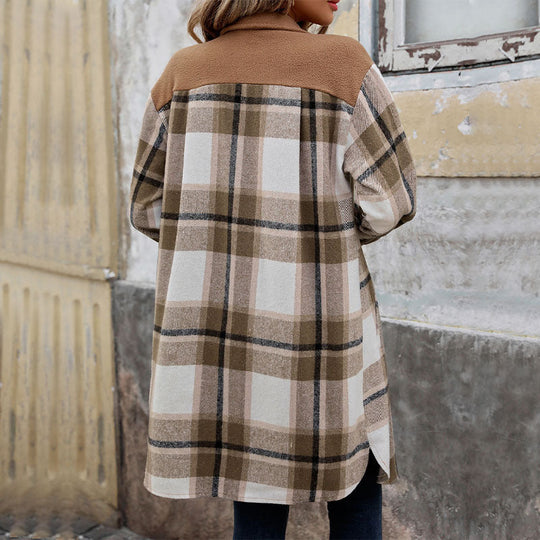 Damen Lange Überwurfjacke im karierten Flanell‑Look mit aufgesetzten Pattentaschen Nord Taschen