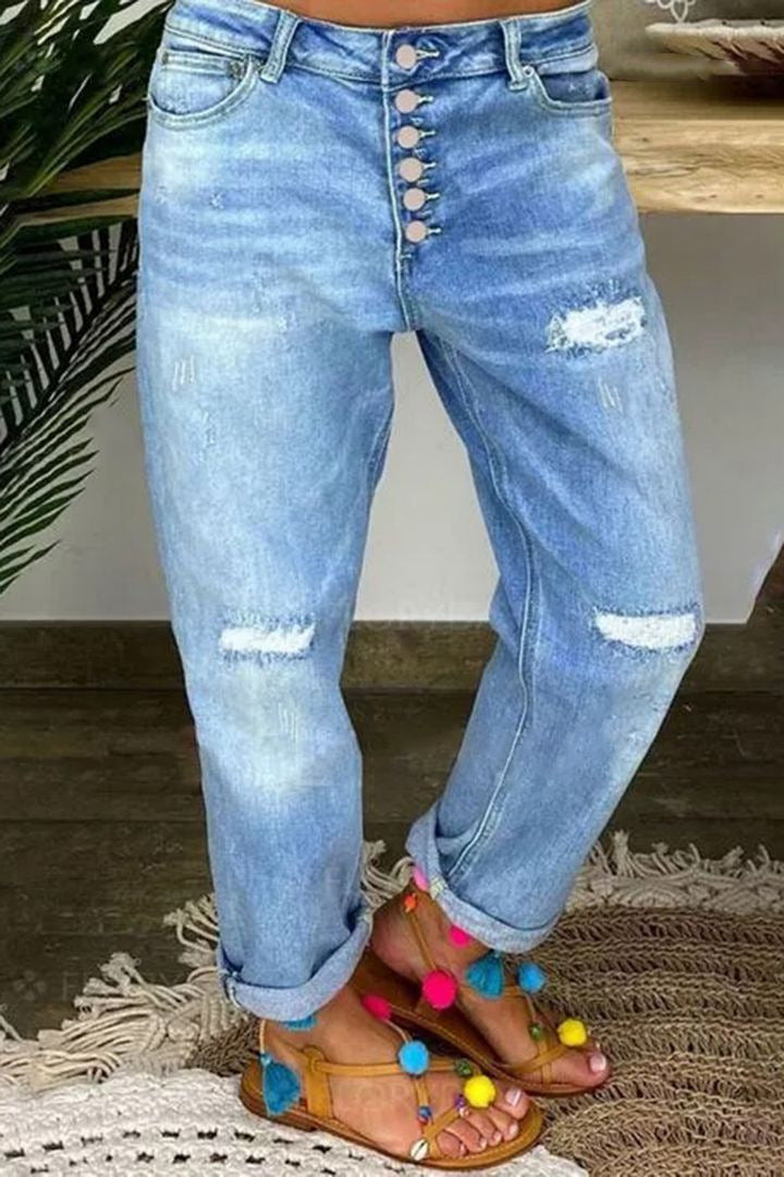 Damen Boyfriend Jeans mit Knopfleiste und distressed Effekten