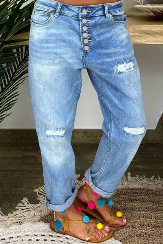 Damen Boyfriend Jeans mit Knopfleiste und distressed Effekten