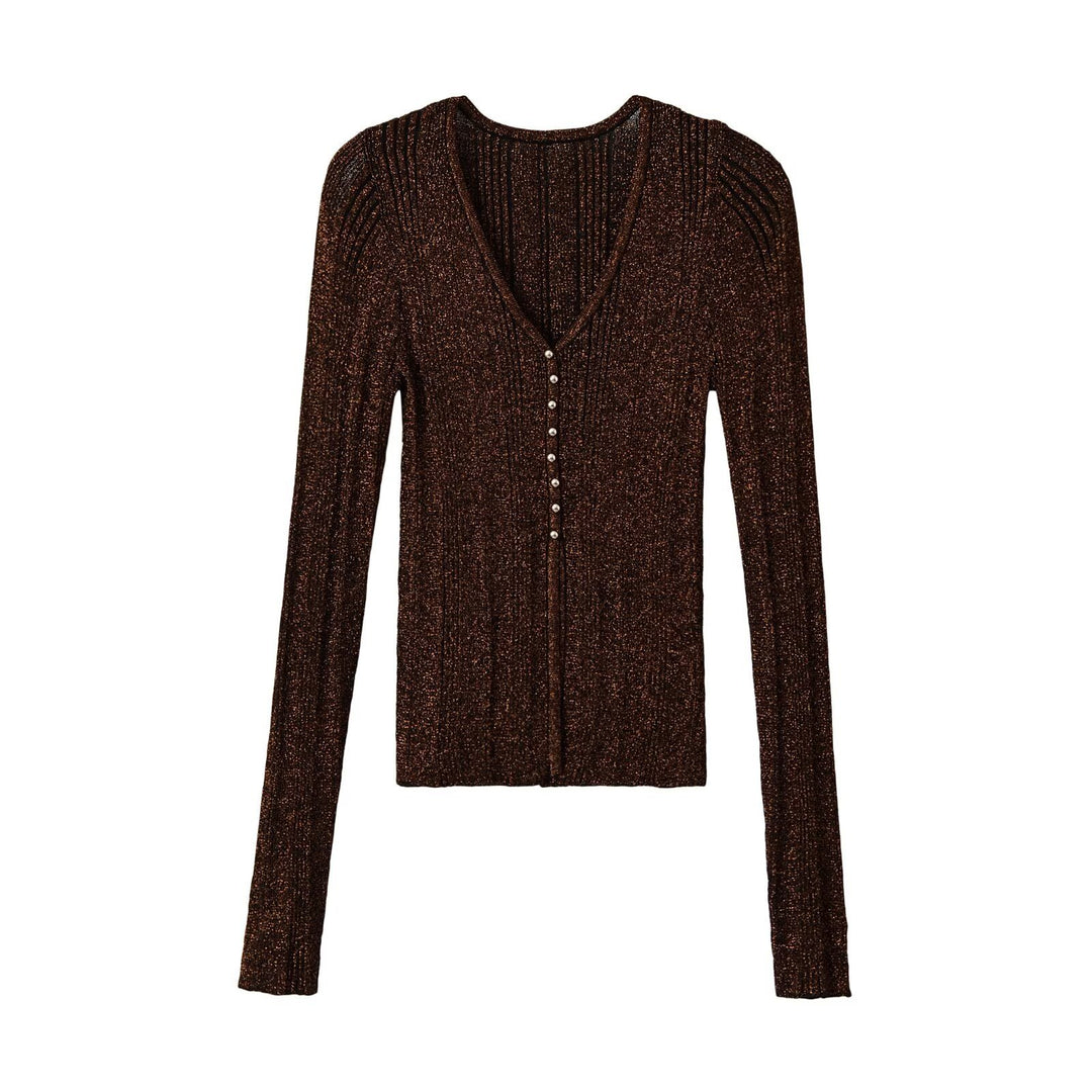 Damen Figurbetonter gerippter Feinstrick-Cardigan mit V‑Ausschnitt, Glanzfaden und Zierknopfleiste Nord Taschen