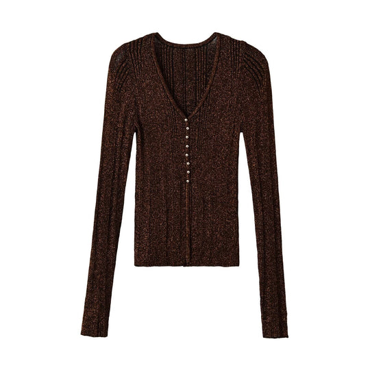 Damen Figurbetonter gerippter Feinstrick-Cardigan mit V‑Ausschnitt, Glanzfaden und Zierknopfleiste Nord Taschen