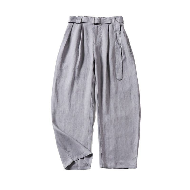 Damen Hochtaillierte Leinen-Baumwoll Bundfaltenhose mit Bindegürtel und tapered Bein Nord Taschen