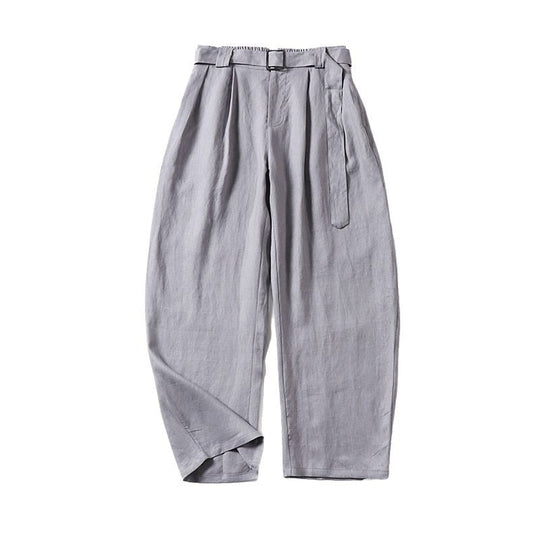 Damen Hochtaillierte Leinen-Baumwoll Bundfaltenhose mit Bindegürtel und tapered Bein Nord Taschen