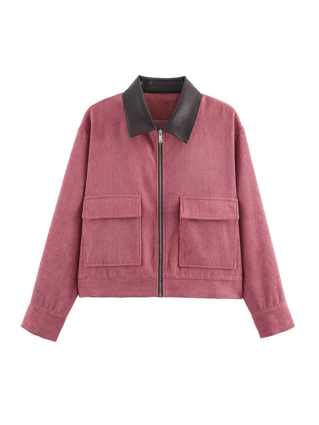 Damen Cropped-Kord-Strickjacke mit markanter Rippenstruktur, Kunstleder-Umlegekragen und Pattentaschen Nord Taschen