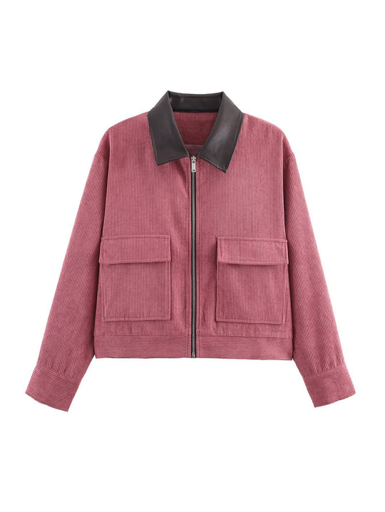 Damen Cropped-Kord-Strickjacke mit markanter Rippenstruktur, Kunstleder-Umlegekragen und Pattentaschen Nord Taschen