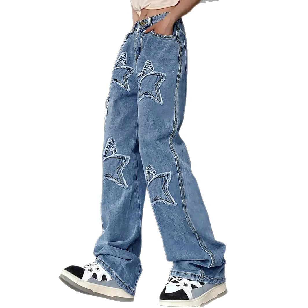 Damen Extraweite Baggy-Jeans aus leichter Denim mit Stern-Applikationen und überlängerter Silhouette Nord Taschen