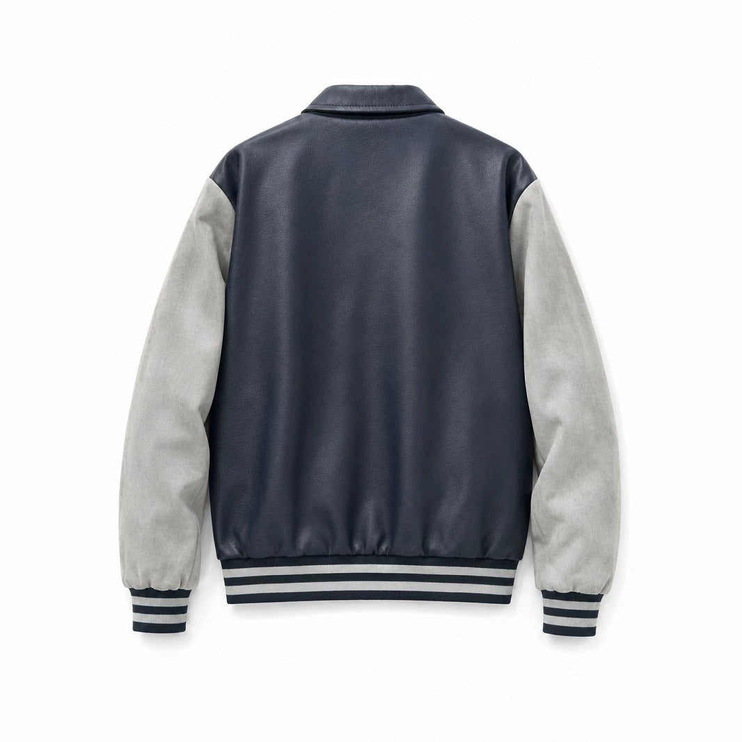Herren Varsity-Bomberjacke im College-Stil mit Kunstleder-Körper, Veloursleder-Optikärmeln und bestickten Patches Nord Taschen