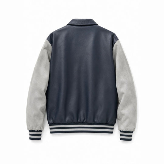Herren Varsity-Bomberjacke im College-Stil mit Kunstleder-Körper, Veloursleder-Optikärmeln und bestickten Patches Nord Taschen