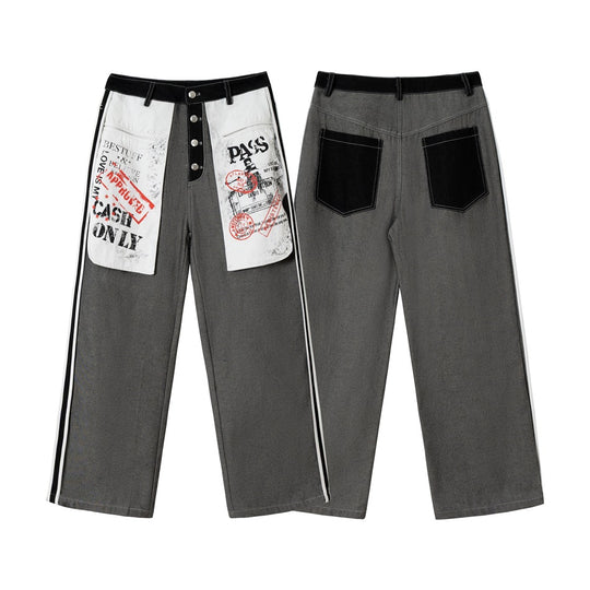 Damen Wide-Leg Cargo-Jeans mit aufgesetzten Grafik-Patches und Kontraststreifen Nord Taschen