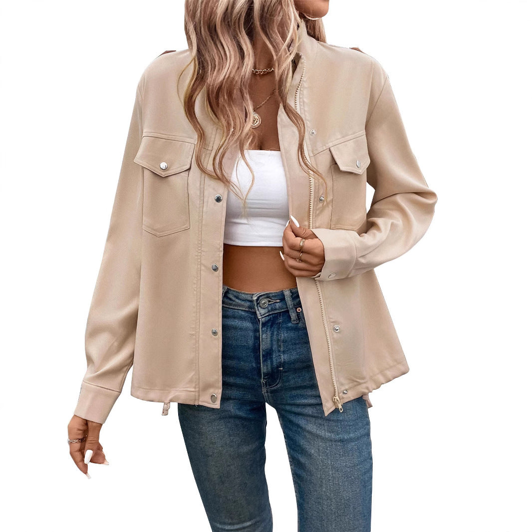 Damen Oversize Hemdjacke mit Druckknopf-Front, Brustklappen und Tunnelzugsaum Nord Taschen