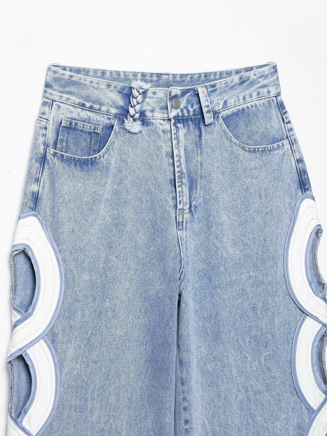 Damen High-Waist-Jeans mit ausgestellter Weitbein-Silhouette und seitlichen Kreis-Applikationen Nord Taschen